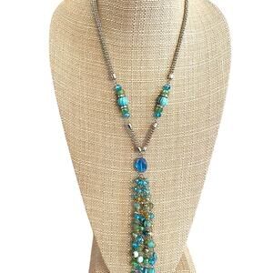Boho Beaded Necklace Silvertone Chain & Blue Glass Beads w/ Tassel Beachy Chic